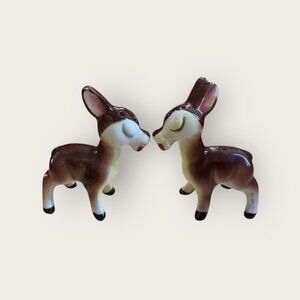 Set of Vintage Ceramic Kissing Deer Fawn Figural Salt and Pepper Shakers Japan